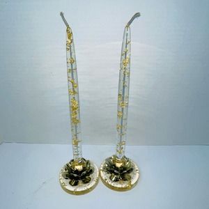 Lot 2 Lucite 12" Candles AND Candleholders gold flakes Enchanto Co of California